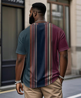 Men's Plus Size Daily Casual Blue Stripe Print Henley Collar Button Short Sleeve T-Shirt